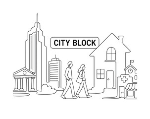 Naklejka premium Building City Architecture. Clean one-line drawing banner with two people walking through oversized city buildings across the full canvas, large skyscraper and house outline reaching all four edges,