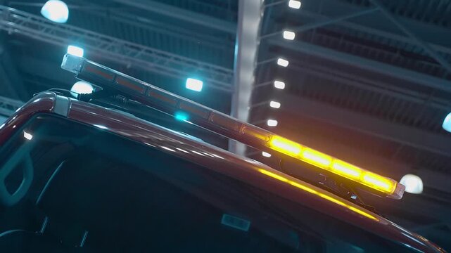 A flashing yellow light flashes on the red roof of an SUV at an exhibition. Shot in motion