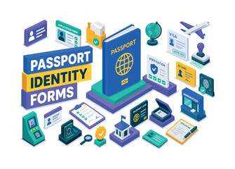 Fototapeta premium Passport Identity Forms , oversized passport booklet with bold geometric depth, floating application cards and stepped verification platforms, asymmetric editorial layout, electric blue and soft