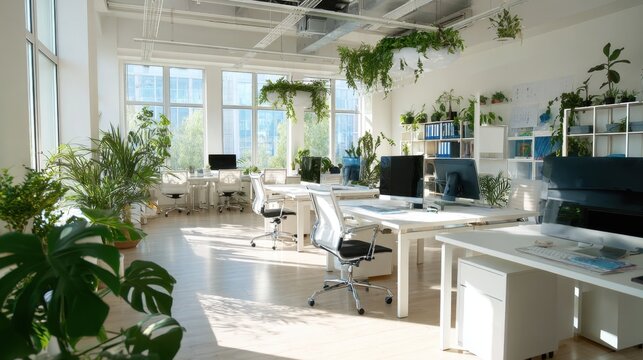 Bright Modern Office Space with Natural Light, Green Plants and Contemporary Furniture