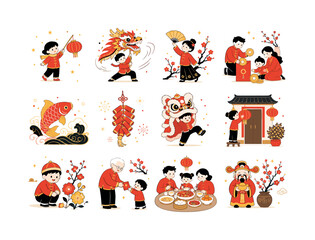 Fototapeta premium Chinese New Year Celebration. Chinese New Year, Lunar New Year, lanterns, dragon, lion dance, traditions, luck, celebration, wealth, flowers, fans, firecrackers, and festive culture. 12 minimalist