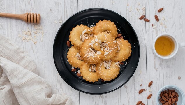 Almond cream qatayef on a black plate against a white wooden backdrop. Overhead view, Ramadan dish idea.