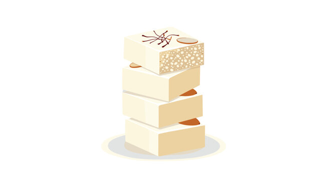 stack of four square pieces of traditional indian barfi or milk fudge is garnished with slivered almonds and delicate strands of red saffron.