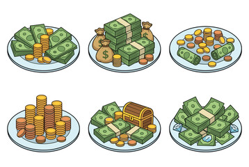 Money stacks coins heaps cash bundles plates wealth abundance. Moneybags treasure chest bills diamonds gold coins fortune. Finance banking capital savings isolated white background vector © Vectorvstocker