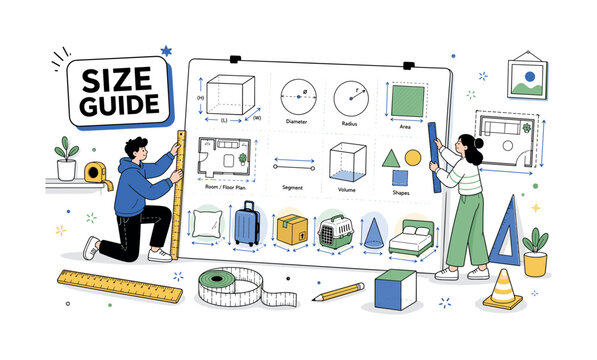 Measurement Guide. Editorial banner about tool and size guide chart, dimension arrows, measuring length and height, area, room plan, volume, geometric figures, segment measurement, pillow, baggage,