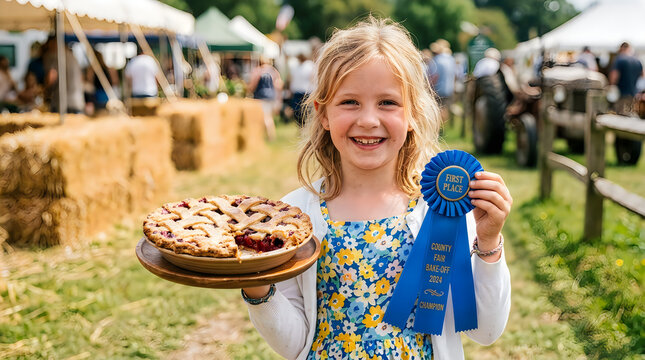 Smiling young girl holding homemade cherry pie and first place blue ribbon, happy child winner at country fair, rural agricultural festival competition isolated on White Background