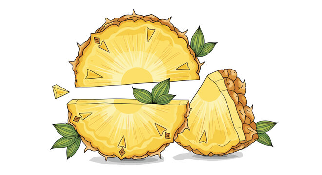 Assortment of fresh pineapple slices and wedges decorated with green leaves against a simple white background illustration.