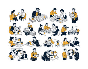 Fototapeta premium Newspaper Media Press collection of digital illustrations showing people creating and sharing news publications: journalist interviewing source, editor reviewing printed article, reporter holding