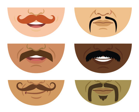 Moustache styles diverse variations male facial hair collection vector illustration six different colors isolated white background graphic design. Cartoon lips diverse ethnicity males wearing