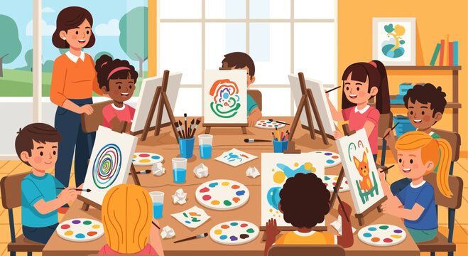 Children's Art Class: Diverse Kids Painting and Drawing with Teacher