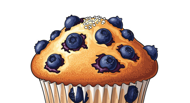 Freshly baked blueberry muffin bursting with whole berries and topped with sugar on a white background.