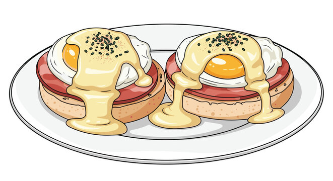 Classic eggs benedict breakfast features poached eggs topped with hollandaise sauce and chives served on toasted english muffins and ham.