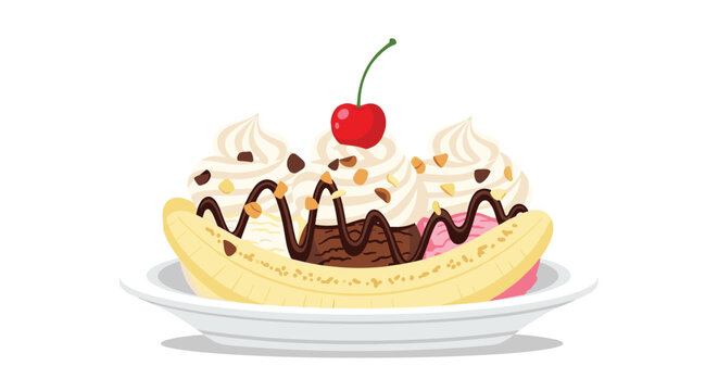 classic banana split dessert features three scoops of ice cream topped with whipped cream, chocolate syrup, nuts, and a single red cherry.