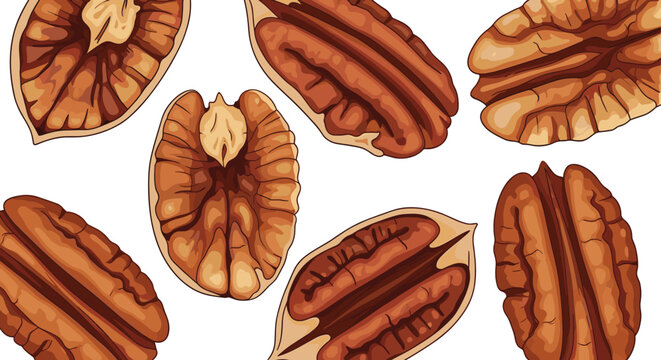 multiple halves of shelled pecan nuts are scattered across a white surface, showcasing their distinctive wrinkled texture and rich brown color.