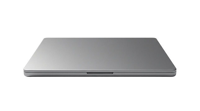 Closed laptop computer in silver metallic finish, isolated on transparent background. Ready for design use on t-shirts, clipart, stickers, print-on-demand products, and digital designs.