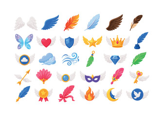 Fototapeta premium Fantasy Wing Flight icon set, 30 isolated wing and feather objects including angel wings, bird wing, phoenix feather, dove feather, eagle wing, hawk feather, fairy wing, winged heart, winged shield,
