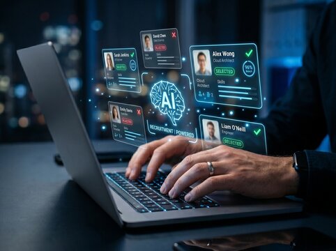 AI recruitment candidate screening automation on laptop with digital interface hiring system resume filtering artificial intelligence hr selection process talent acquisition decision making efficiency