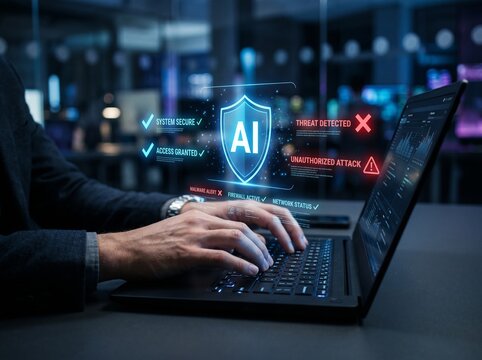 AI risk management and ethics safety concept with checklist and alert icons floating over laptop as professional ensures responsible artificial intelligence system through compliance and validation