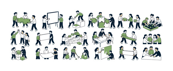 Obraz premium Society Team Cooperation collection of digital illustrations, 12-20 character-driven small scenes across full canvas, people with visible faces and expressive poses cooperating, carrying puzzle pieces