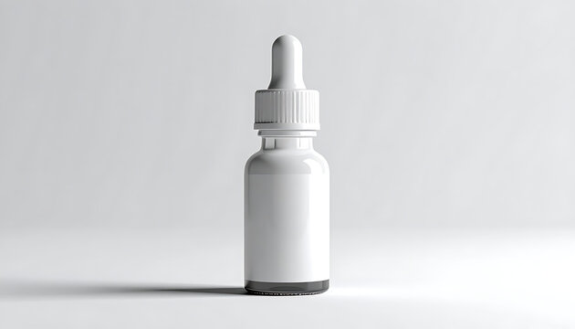 Isolated white dropper bottle with blank label for cosmetic or pharmaceutical product mockup on light grey background