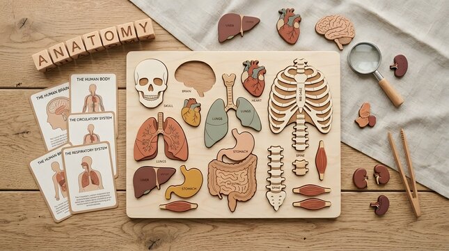 Wooden anatomy puzzle board with human organs and body parts, cards, and magnifying glass on a rustic wooden table surface