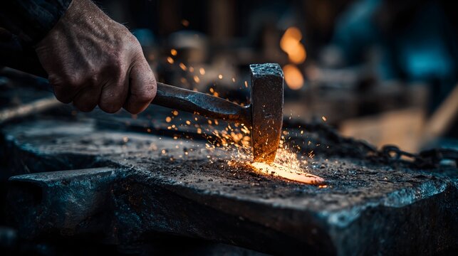 Witness the raw power of craftsmanship as a blacksmith shapes molten metal with a hammer, sparks flying in a dramatic display of skill and tradition, perfect for industrial themes