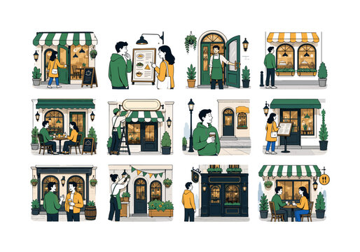 Restaurant Facade Design. Restaurant exterior, cafe storefront, dining place, pub facade, tavern architecture, awning, signboard, menu, street shop, urban sidewalk, doors, and windows. 12 minimalist