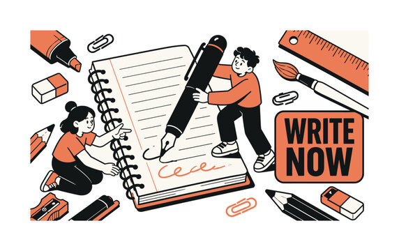 Modern Flat Series Writing Tools banner with two creatives interacting with oversized pen and notebook, pencils and drawing tools filling edges, bold uppercase text WRITE NOW inside rounded rectangle
