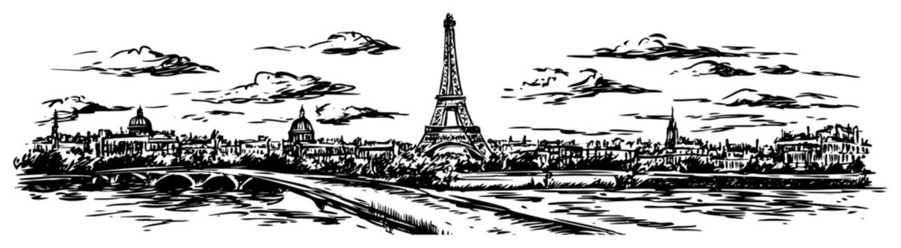 Paris France cityscape with Eiffel Tower and Seine river hand drawn sketch Vector illustration of Parisian skyline black and white vintage line art