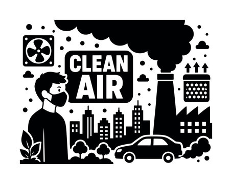 Air Pollution Control. Banner with person wearing mask near city skyline, oversized smog cloud and oversized factory chimney, small elements car exhaust filter fan particles filling edges, bold