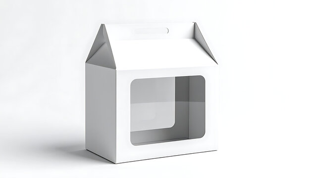 Isolated white gable box with clear window, blank packaging for product display and promotion on a light grey background, empty mockup