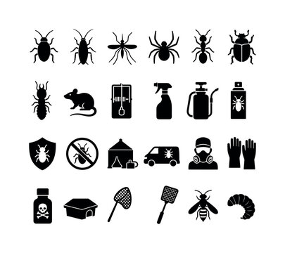 Pest Control Service. Solid glyph icon set of extermination: insect, cockroach, mosquito, spider, ant, beetle, termite, rat, mouse trap, spray bottle, pesticide, insecticide, bug shield, crossed bug,