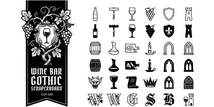 Wine Bar Gothic Scraperboard Black White-Grape Vine Glass Crest-Dark Wine Vector-Wine Icon Scraperboard-Bar Branding Design Set
