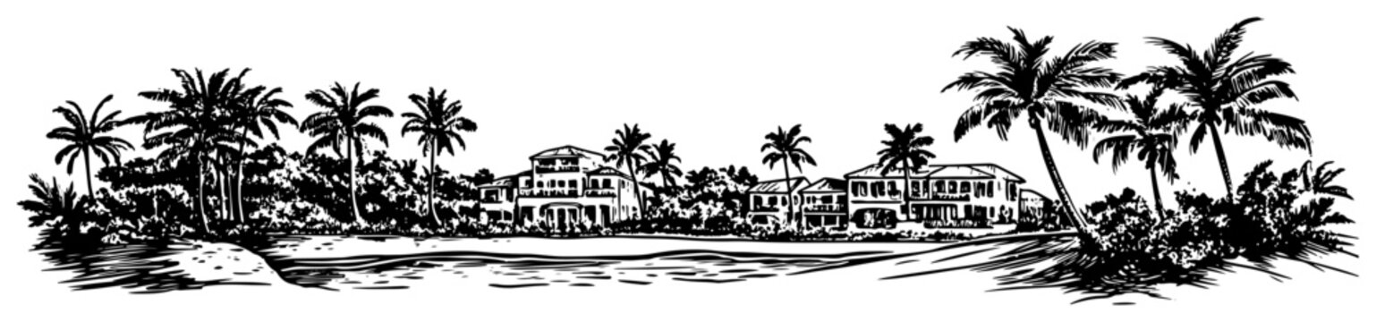 Tropical resort town with palm trees vector sketch Hand drawn coastal village landscape illustration Summer vacation scenery drawing