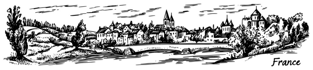 Naklejka premium French countryside landscape with old village and stone bridge over river Hand-drawn vector sketch of rural France