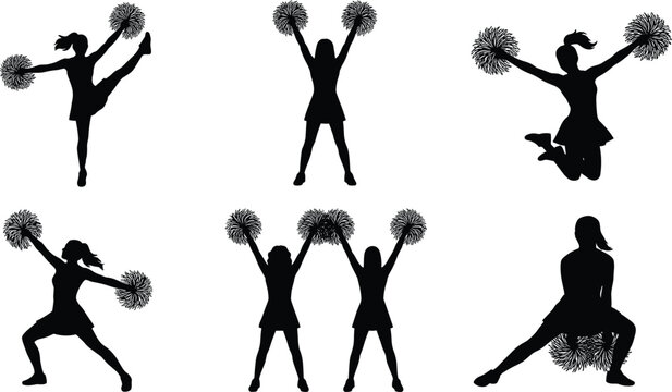Cheerleader Silhouette Collection Featuring Pom Pom Dance Moves Dynamic Jumps and Athletic Performance Poses