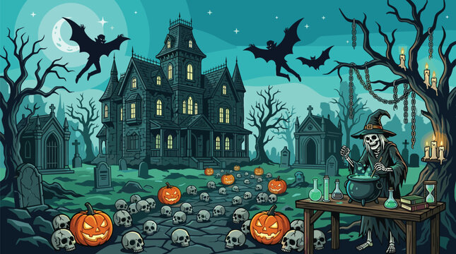 Skeletal witch prepares potions at a wooden table in a teal graveyard with a haunted mansion and flying bats.