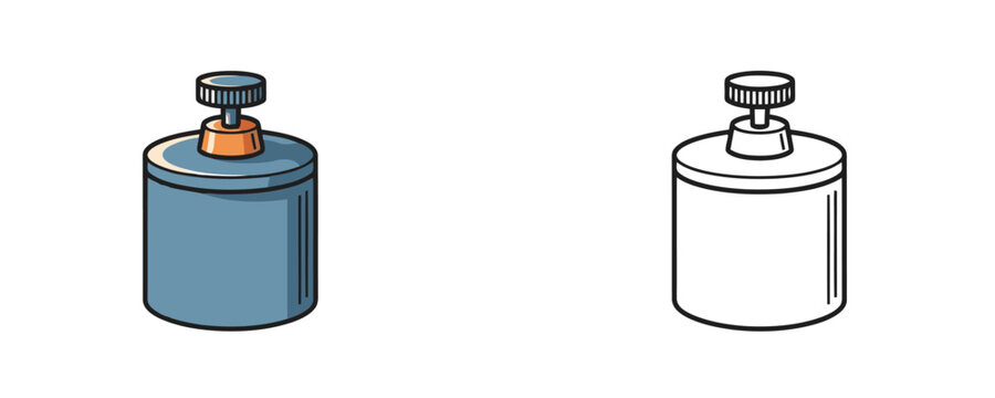 Vector illustration style of an amateur astronomy mount counterweight with a thumbscrew in blue and orange colors used for balancing telescope weight stability