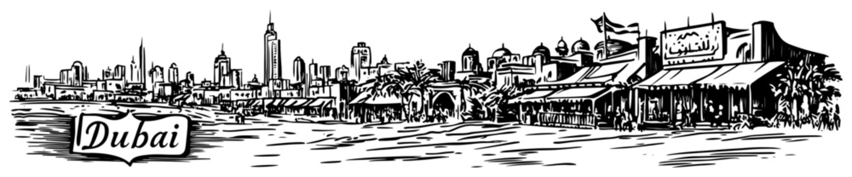 Dubai UAE skyline showing contrast between modern skyscrapers and traditional arabian souk Hand-drawn vector illustration