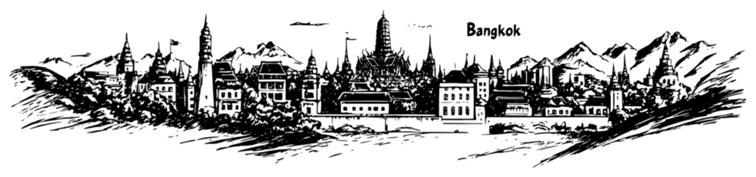Bangkok Thailand panoramic skyline with mountains and temples Abstract hand-drawn vector cityscape