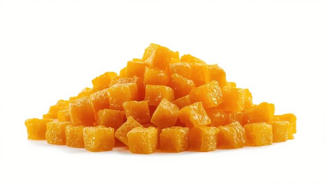 Cubed dried mango on a white backdrop. Close-up of diced mango. Pile of sweet fruits. Candied mango offers a natural sugary pleasure.