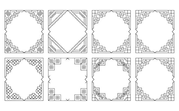 Twelve traditional Korean corner frames with geometric lattice designs. Oriental decorative borders for greeting cards and Asian cultural events are illustrated in a minimalist vector style.
