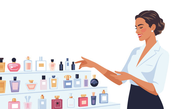 A professional shop assistant in a white blouse stands behind a retail counter pointing at an assortment of luxury perfume bottles displayed on white shelves.