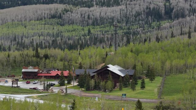 Aerial of lodge and general store in Uinta National Forest in Utah in spring