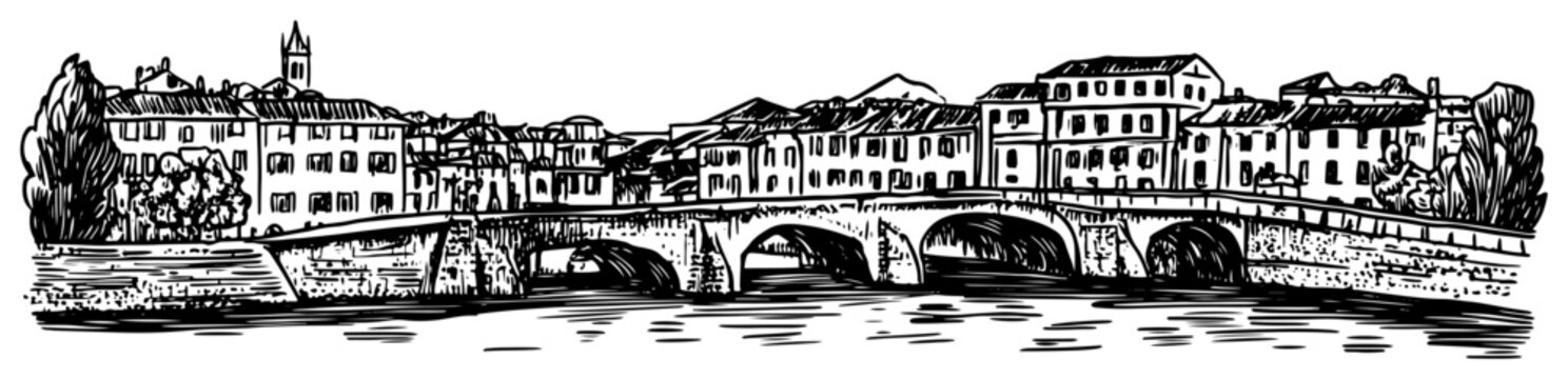 Old european town with stone arch bridge over a river Hand-drawn vector sketch of a historical cityscape