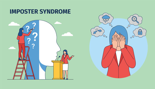 Imposter Syndrome Mental Health Concept Illustration Featuring Self Doubt Anxiety and Workplace Confidence Struggles