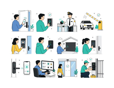 Access Control Security. Access control, unlock systems, biometric authentication, NFC entry, barriers, locks, intercoms, keys, smart doors, swipe cards, garage remotes, wireless signals, gateways,