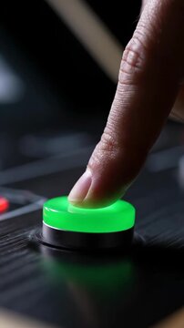 Hand pressing glowing green button on control panel