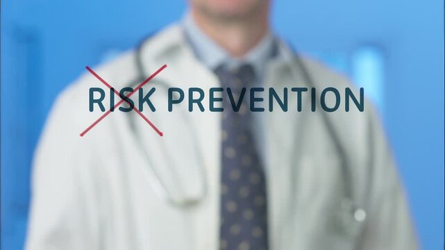 Doctor draws a red X over &ldquo;Risk&rdquo; on a transparent glass board, revealing &ldquo;Prevention&rdquo;. Conceptual healthcare scene about proactive care, public health awareness, and disease prevention.
