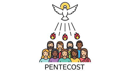 Naklejka premium pentecost scene with dove and flames over diverse group high quality